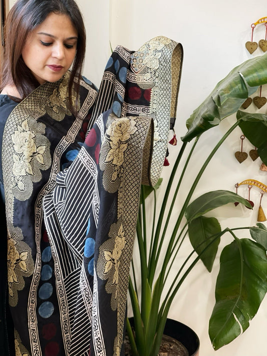 Ajrakh Handblock Printed Organza Crepe Dupatta with Banarasi Border - Masakalee