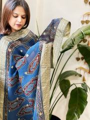 Ajrakh Handblock Printed Organza Dupatta with Banarasi Border - Masakalee