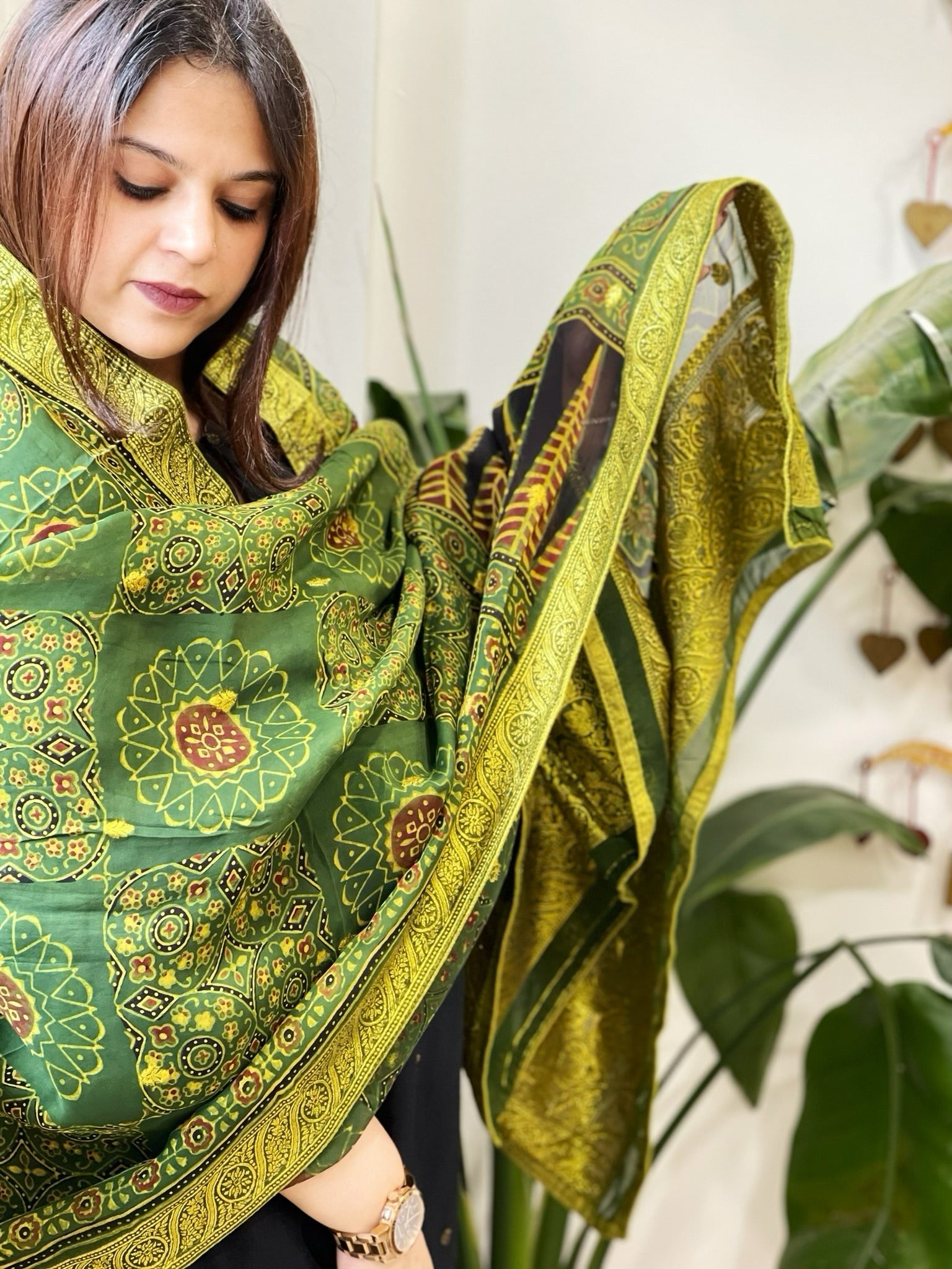 Ajrakh Handblock Printed Organza Dupatta with Banarasi Border - Masakalee