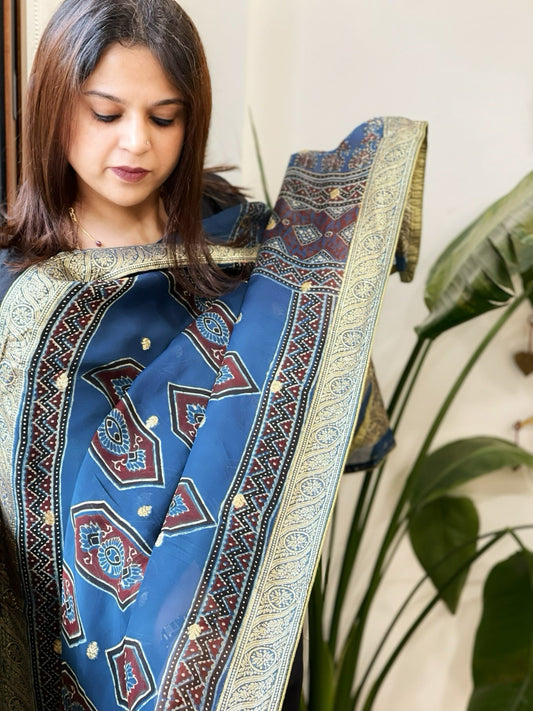 Ajrakh Handblock Printed Organza Dupatta with Banarasi Border - Masakalee