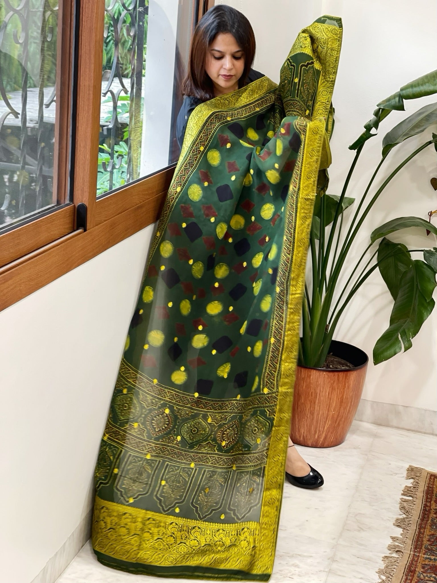 Ajrakh Handblock Printed Organza Dupatta with Banarasi Border - Masakalee