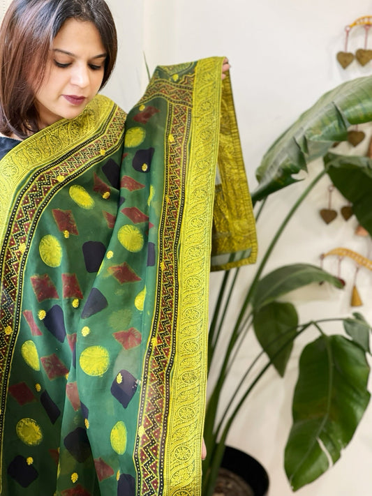 Ajrakh Handblock Printed Organza Dupatta with Banarasi Border - Masakalee