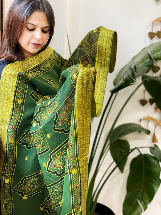 Ajrakh Handblock Printed Organza Dupatta with Banarasi Border - Masakalee