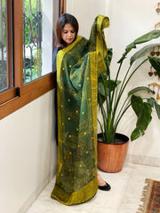 Ajrakh Handblock Printed Organza Dupatta with Banarasi Border - Masakalee