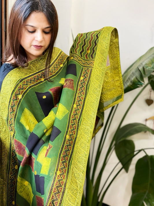 Ajrakh Handblock Printed Organza Dupatta with Banarasi Border - Masakalee