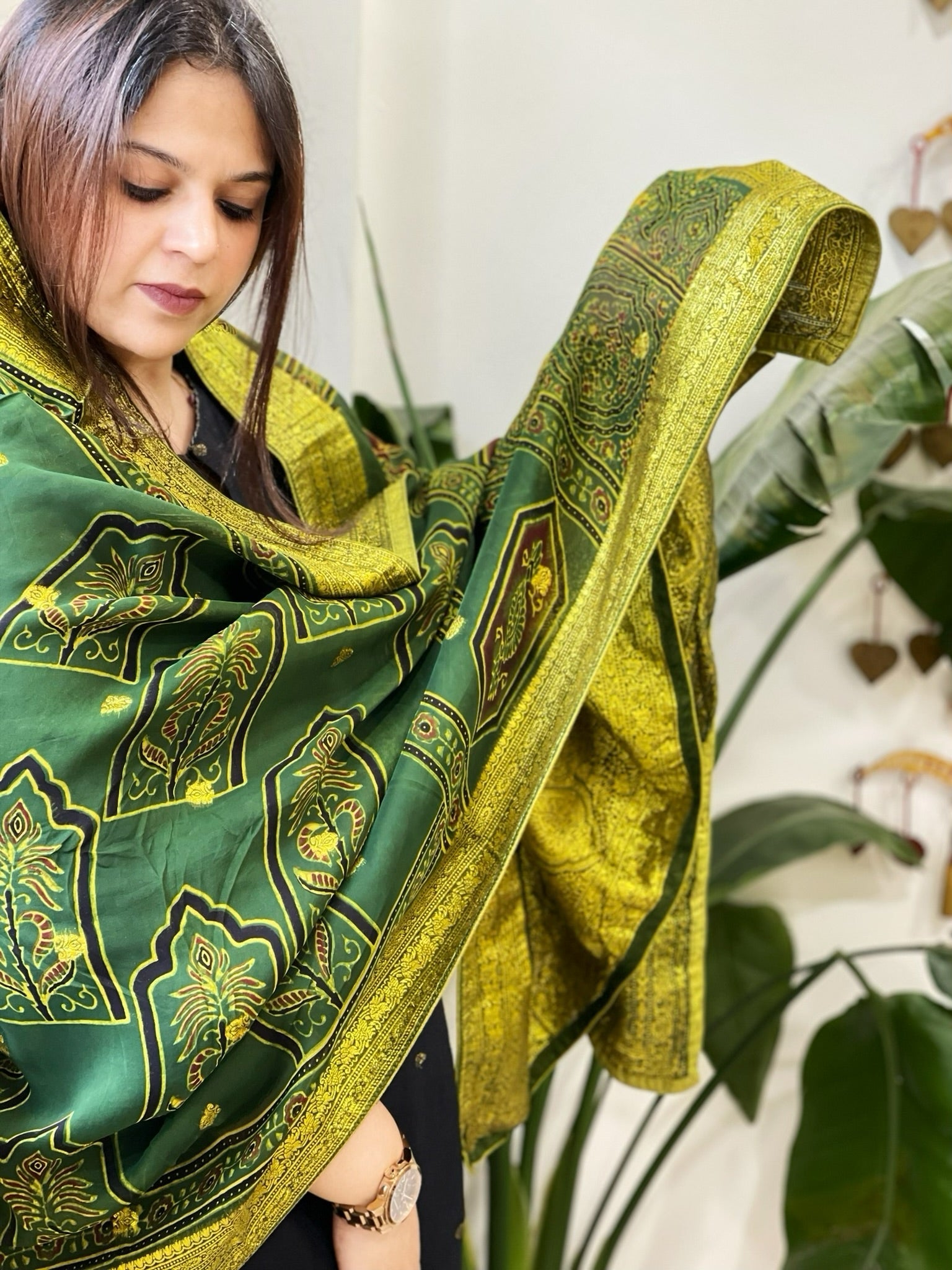 Ajrakh Handblock Printed Organza Dupatta with Banarasi Border - Masakalee
