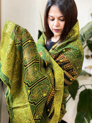 Ajrakh Handblock Printed Organza Dupatta with Banarasi Border - Masakalee