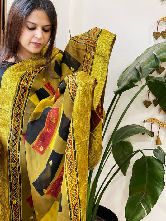 Ajrakh Handblock Printed Organza Dupatta with Banarasi Border - Masakalee
