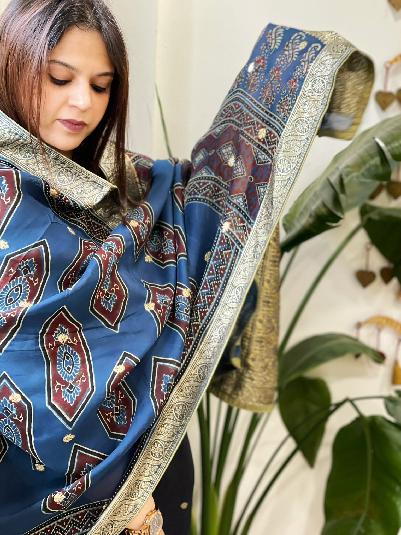 Ajrakh Handblock Printed Organza Dupatta with Banarasi Border - Masakalee