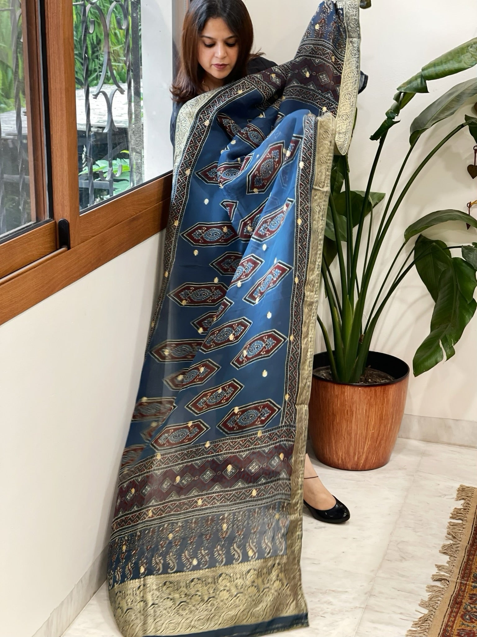 Ajrakh Handblock Printed Organza Dupatta with Banarasi Border - Masakalee