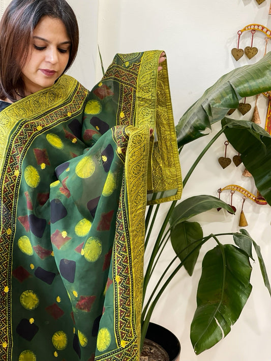 Ajrakh Handblock Printed Organza Dupatta with Banarasi Border - Masakalee