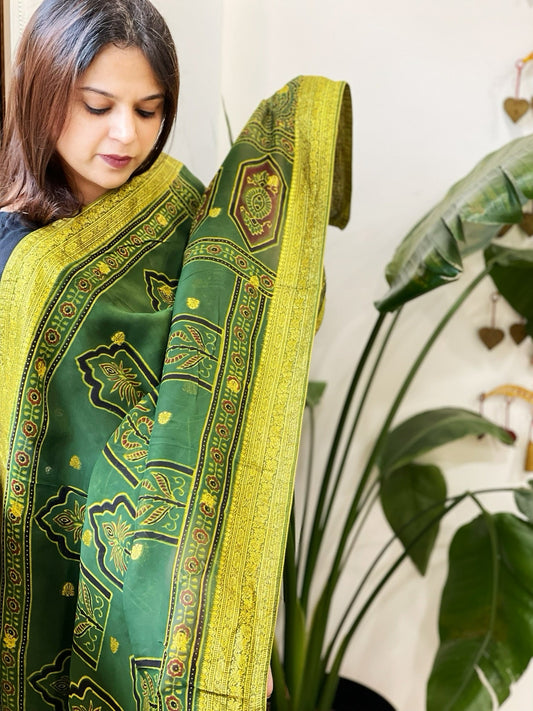 Ajrakh Handblock Printed Organza Dupatta with Banarasi Border - Masakalee