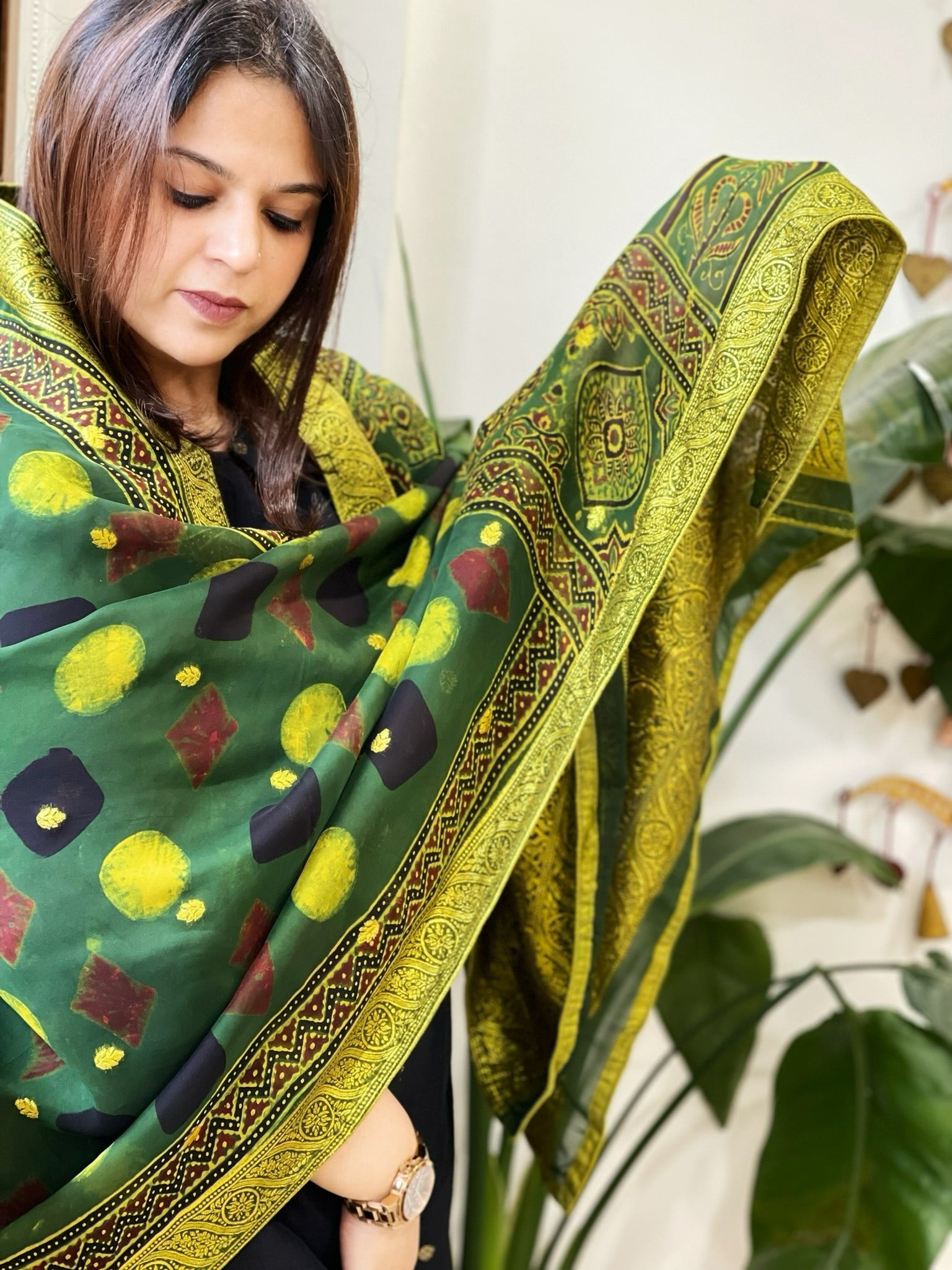 Ajrakh Handblock Printed Organza Dupatta with Banarasi Border - Masakalee