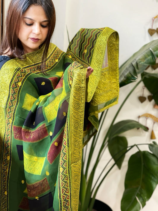 Ajrakh Handblock Printed Organza Dupatta with Banarasi Border - Masakalee
