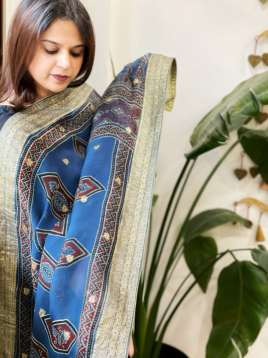 Ajrakh Handblock Printed Organza Dupatta with Banarasi Border - Masakalee