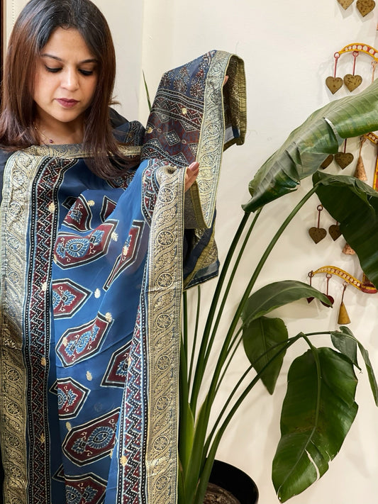 Ajrakh Handblock Printed Organza Dupatta with Banarasi Border - Masakalee