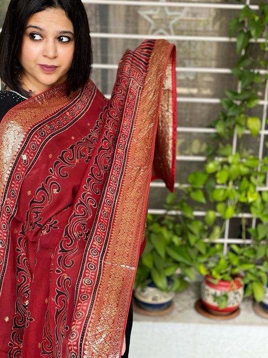 Ajrakh Handblock Printed Organza Dupatta with Banarasi Pallu - Masakalee