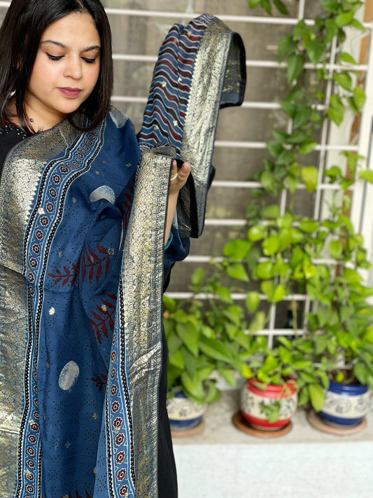 Ajrakh Handblock Printed Organza Dupatta with Banarasi Pallu - Masakalee