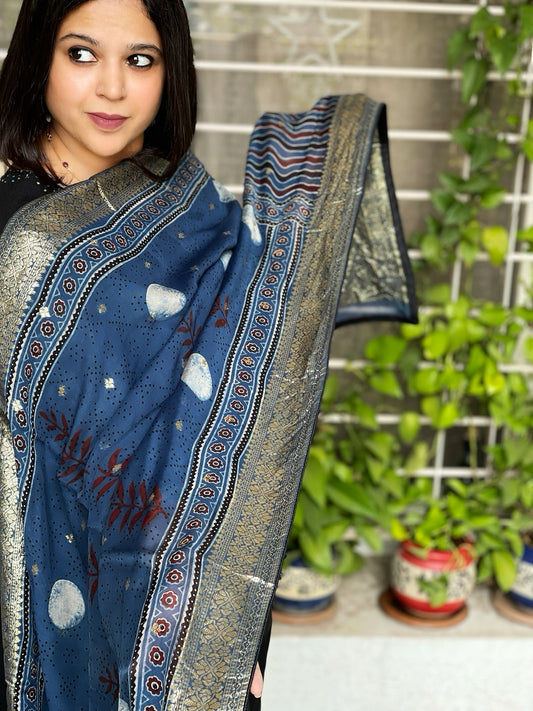 Ajrakh Handblock Printed Organza Dupatta with Banarasi Pallu - Masakalee