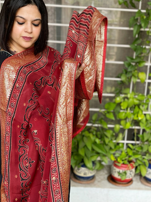 Ajrakh Handblock Printed Organza Dupatta with Banarasi Pallu - Masakalee