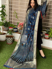 Ajrakh Handblock Printed Organza Dupatta with Banarasi Pallu - Masakalee