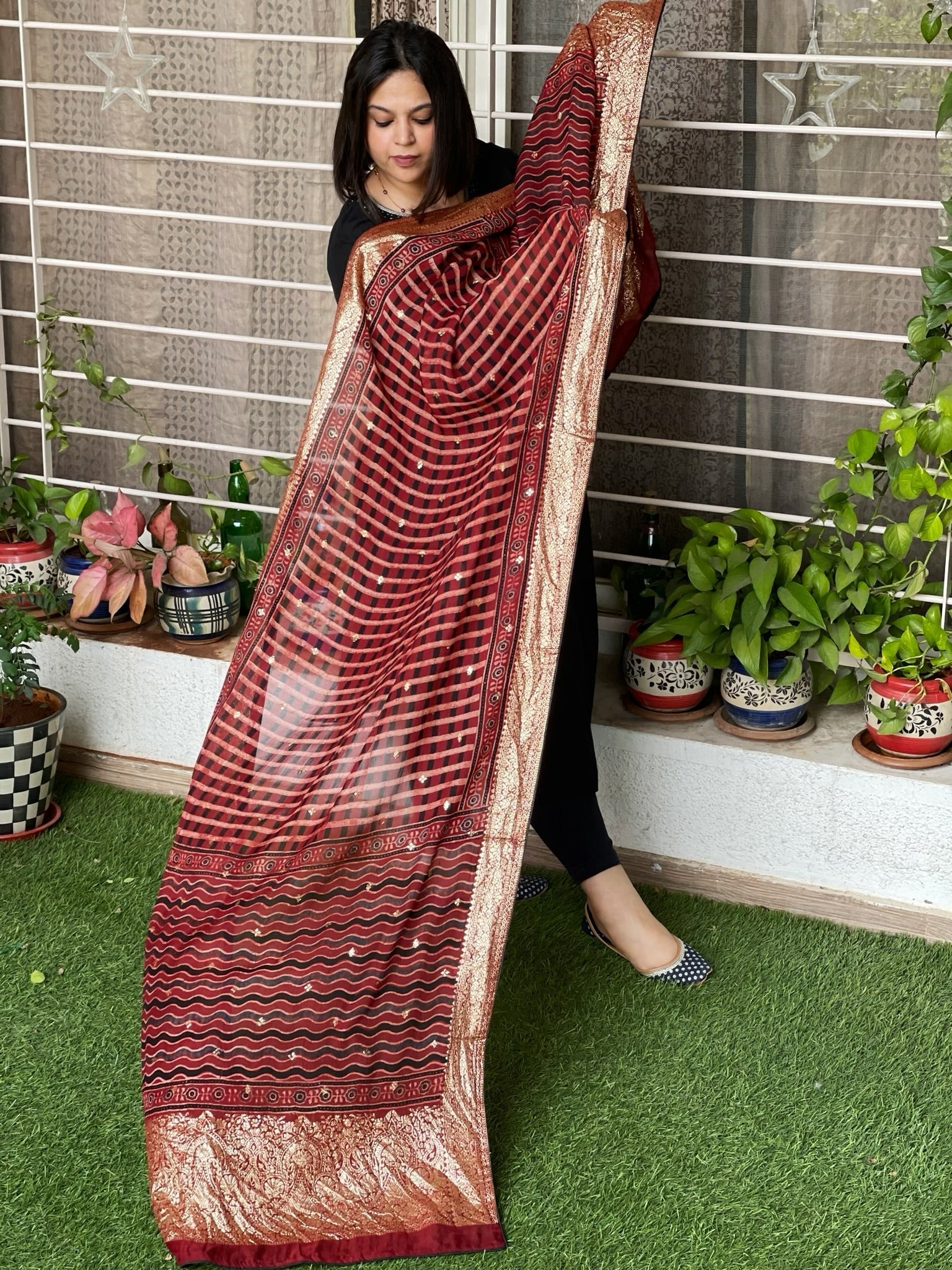 Ajrakh Handblock Printed Organza Dupatta with Banarasi Pallu - Masakalee