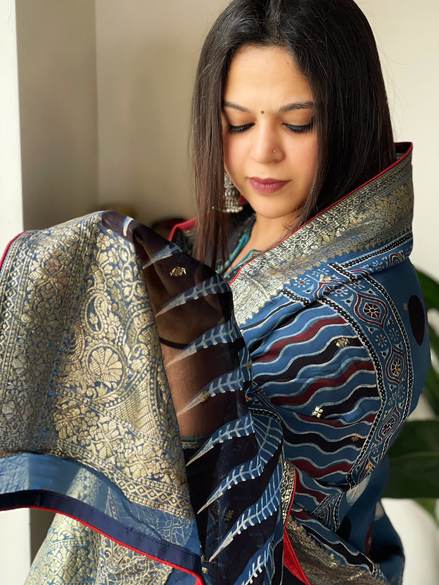 Ajrakh Handblock Printed Organza Dupatta with Banarasi Pallu - Masakalee