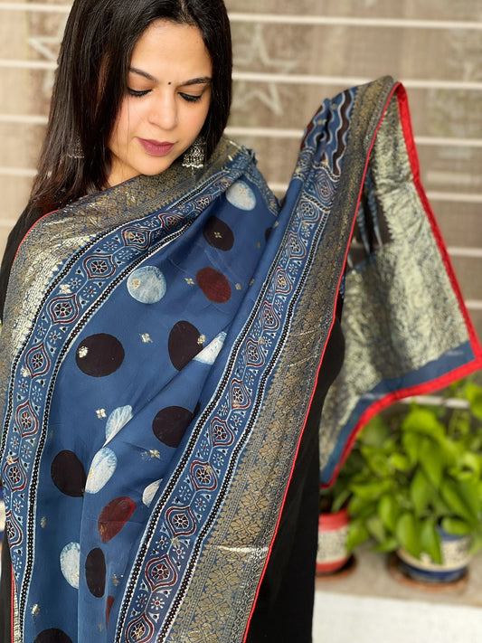 Ajrakh Handblock Printed Organza Dupatta with Banarasi Pallu - Masakalee