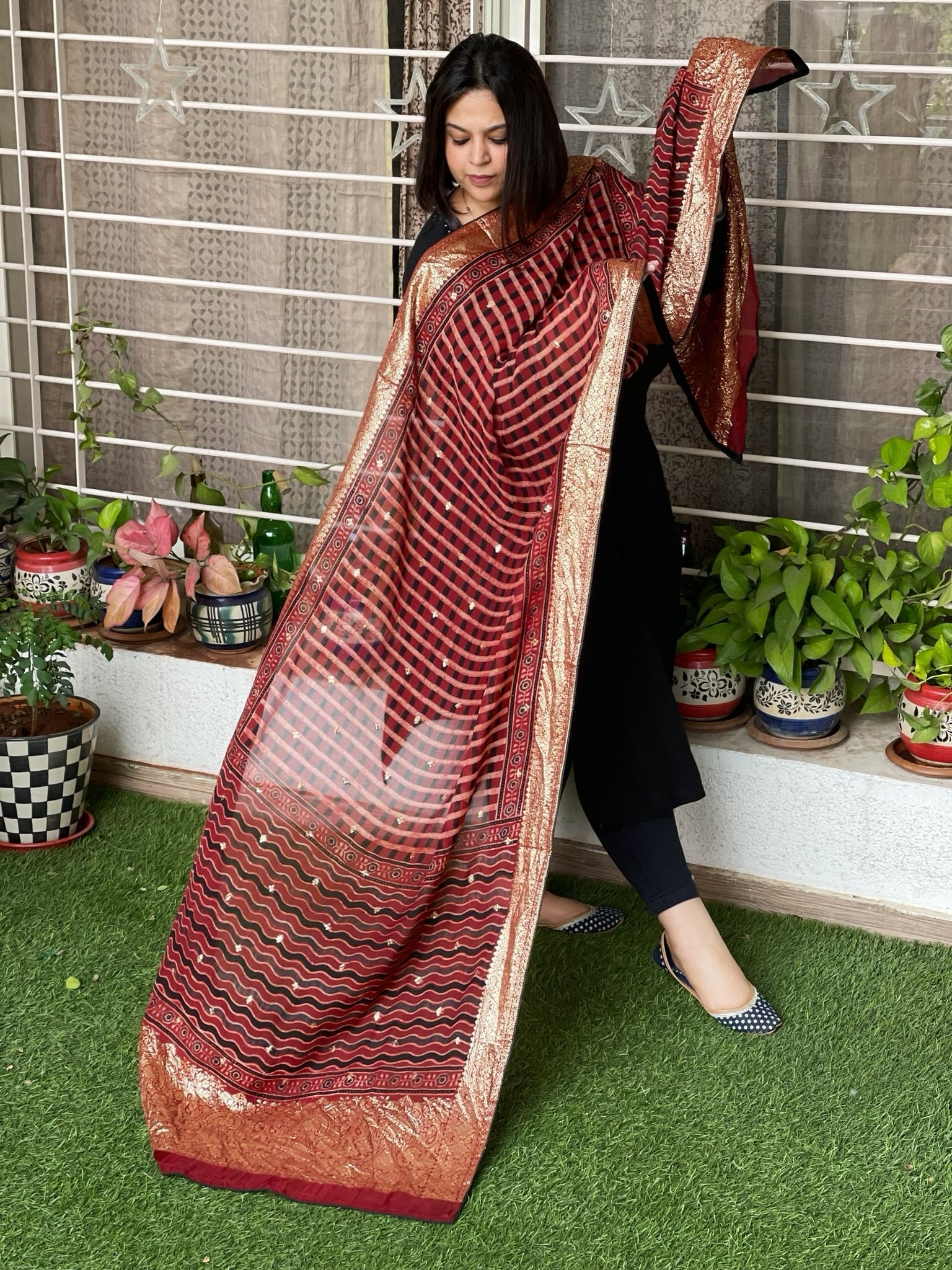 Ajrakh Handblock Printed Organza Dupatta with Banarasi Pallu - Masakalee