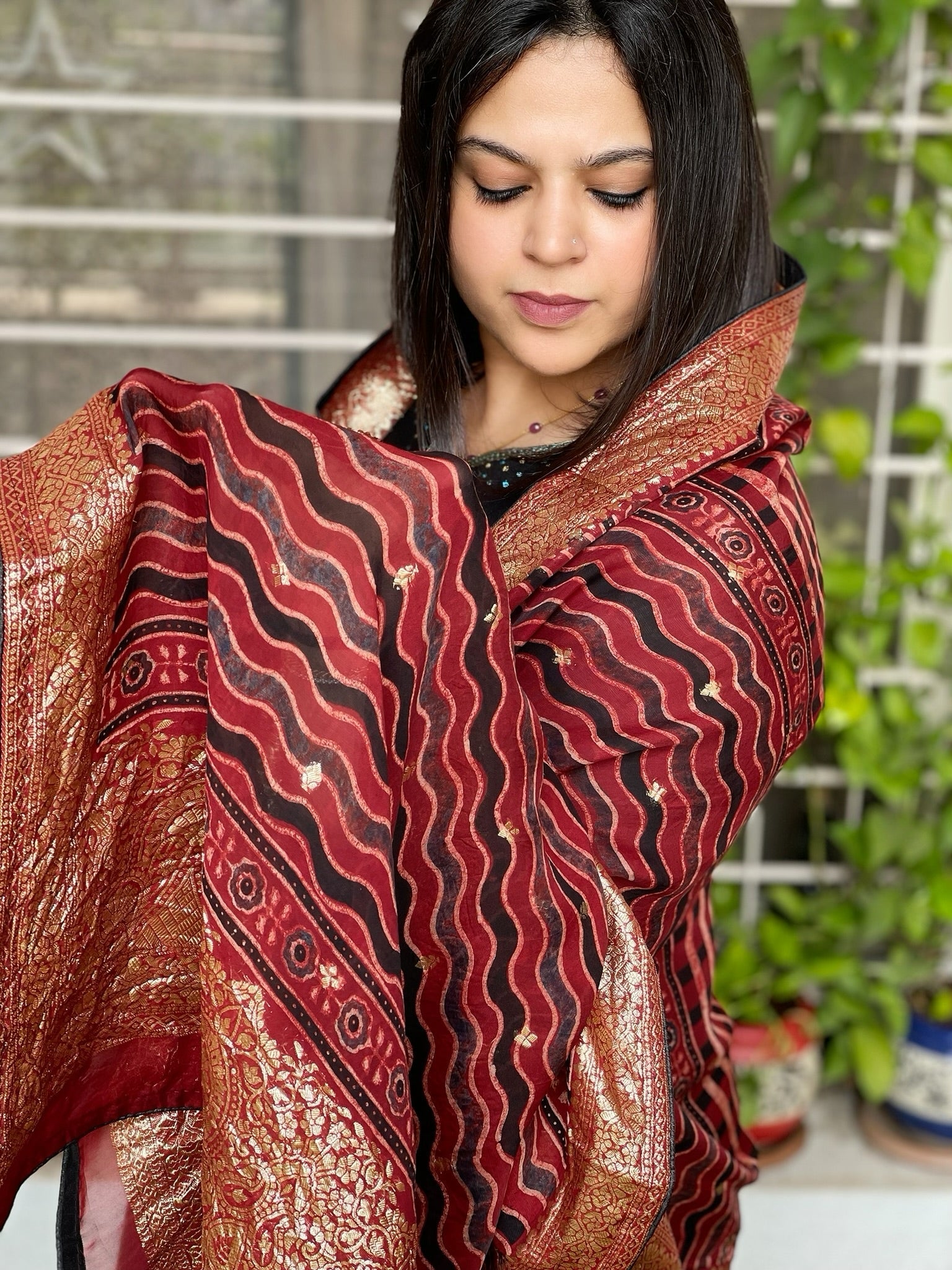 Ajrakh Handblock Printed Organza Dupatta with Banarasi Pallu - Masakalee