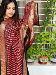 Ajrakh Handblock Printed Organza Dupatta with Banarasi Pallu - Masakalee