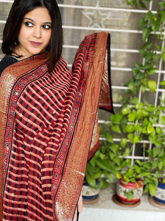 Ajrakh Handblock Printed Organza Dupatta with Banarasi Pallu - Masakalee