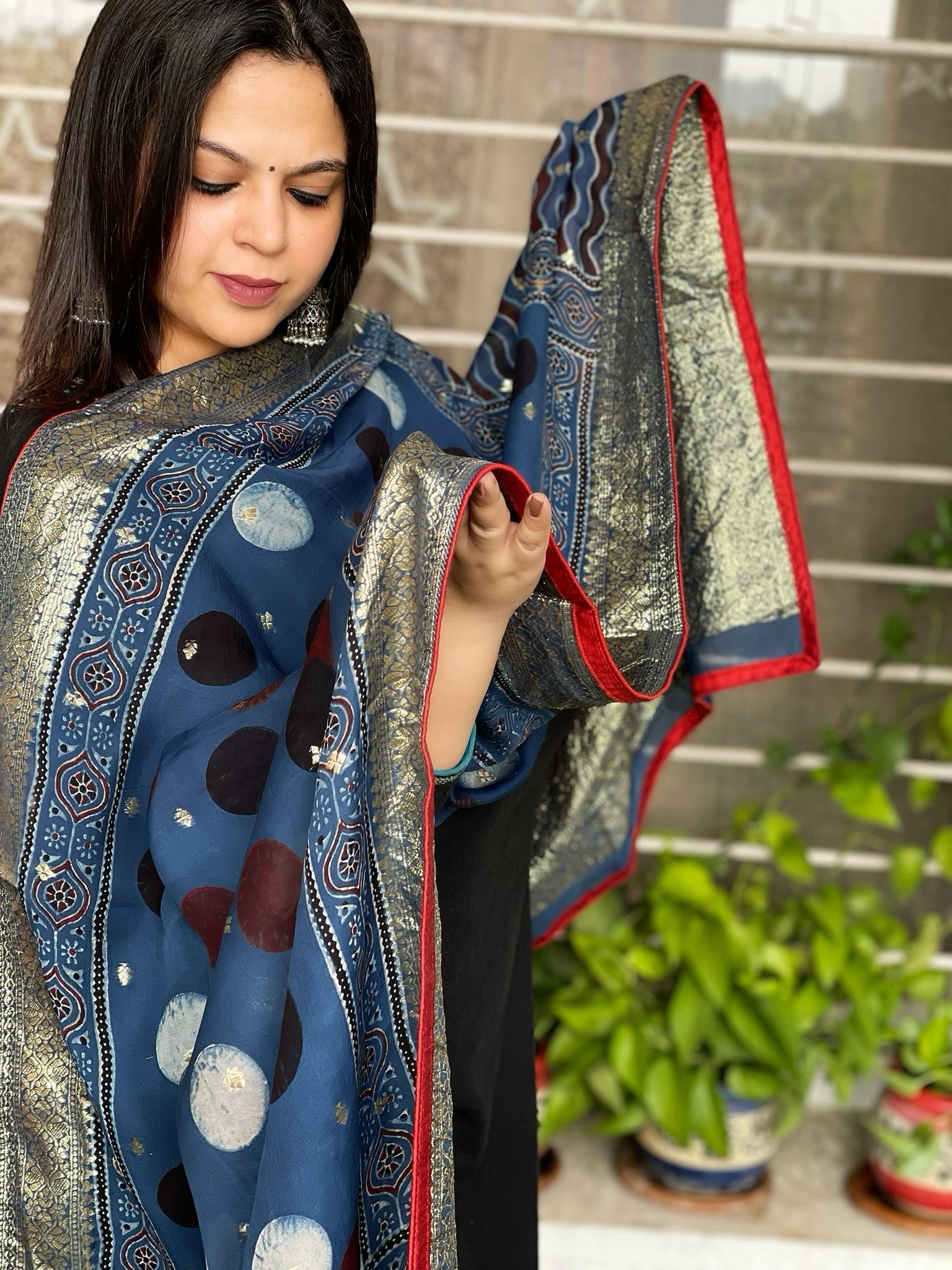 Ajrakh Handblock Printed Organza Dupatta with Banarasi Pallu - Masakalee