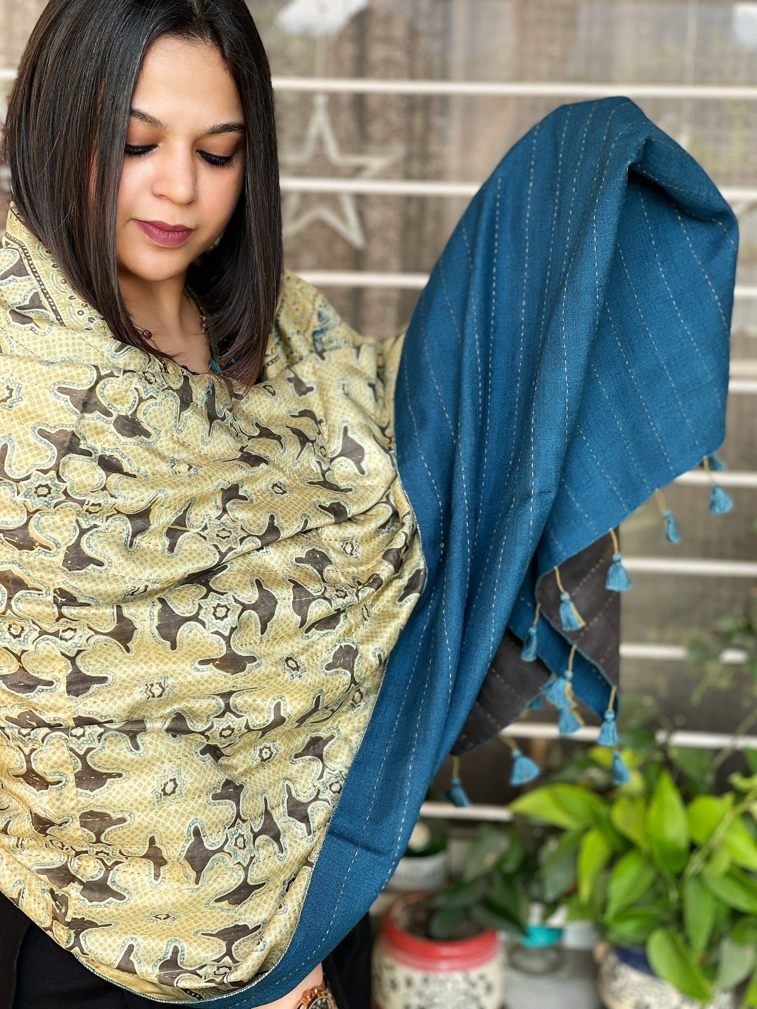 Ajrakh Handblock Printed Silk - Woollen Shawl - Masakalee