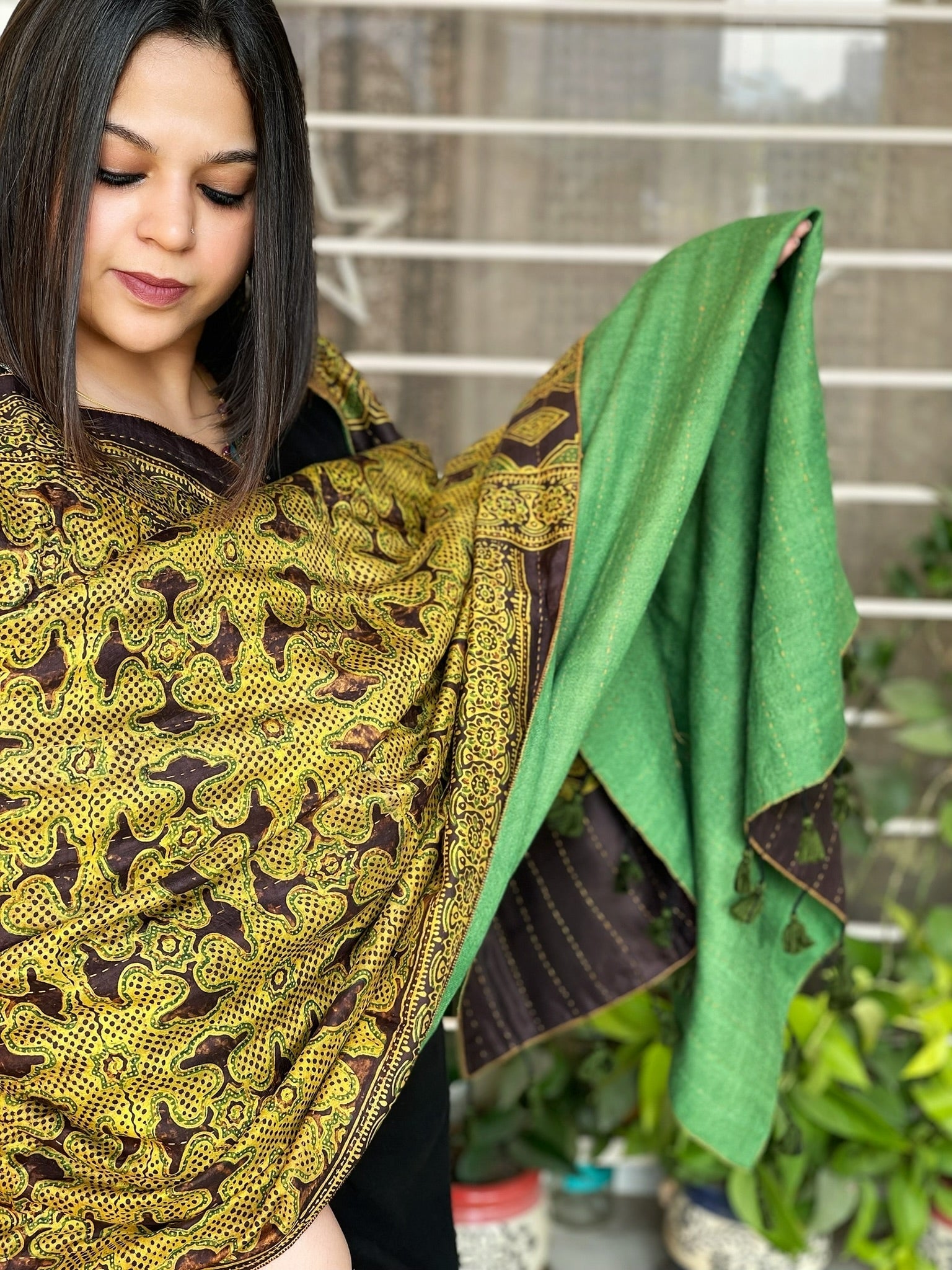 Ajrakh Handblock Printed Silk - Woollen Shawl - Masakalee