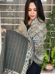 Ajrakh Handblock Printed Silk - Woollen Shawl - Masakalee