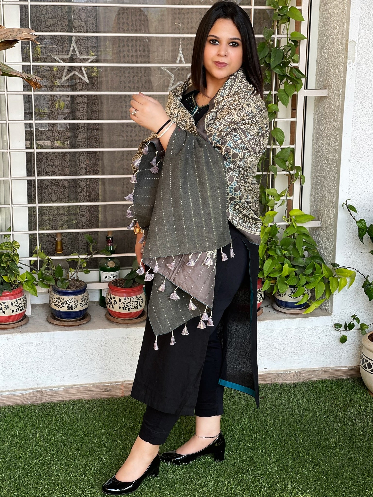 Ajrakh Handblock Printed Silk - Woollen Shawl - Masakalee