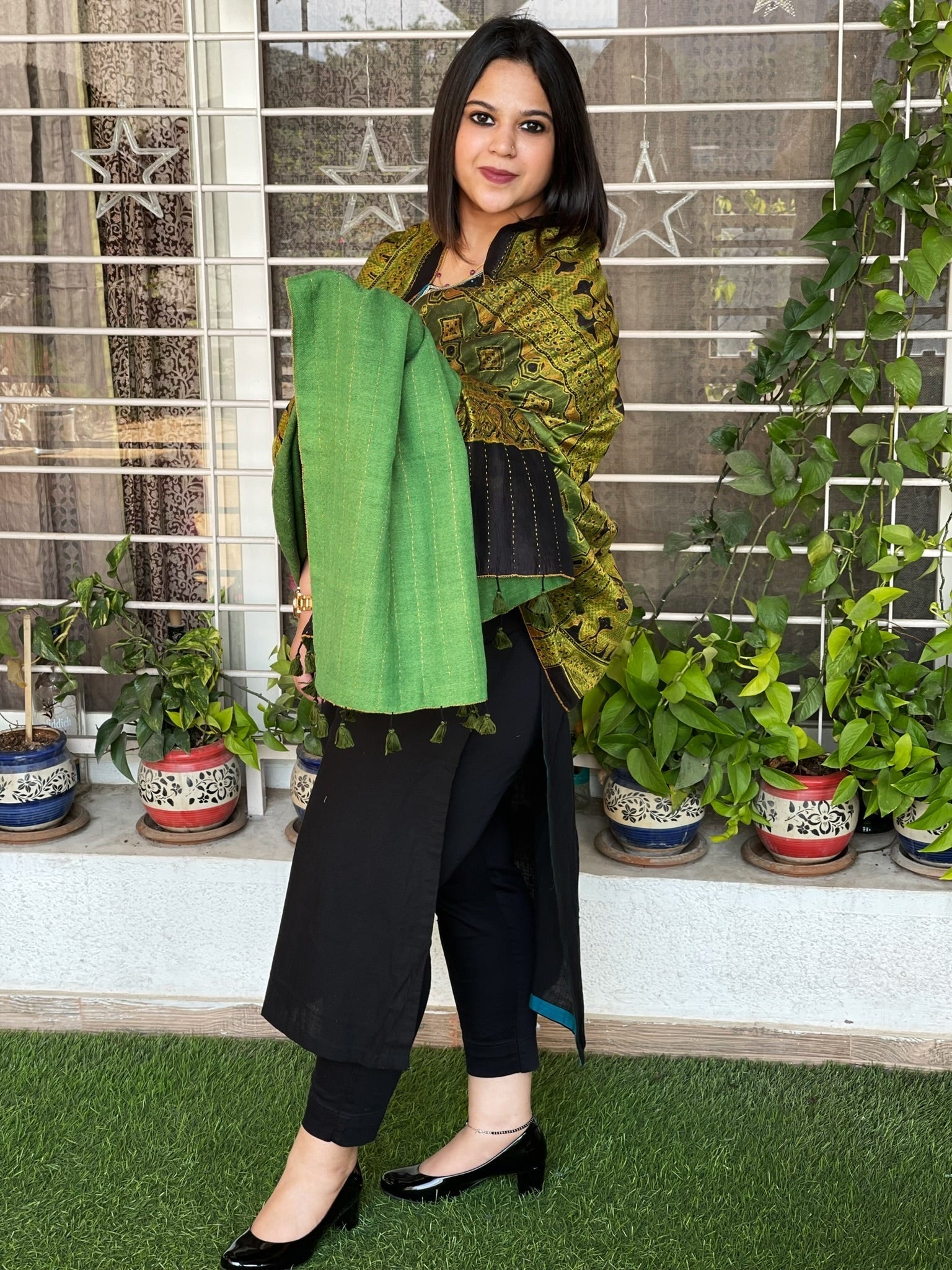 Ajrakh Handblock Printed Silk - Woollen Shawl - Masakalee