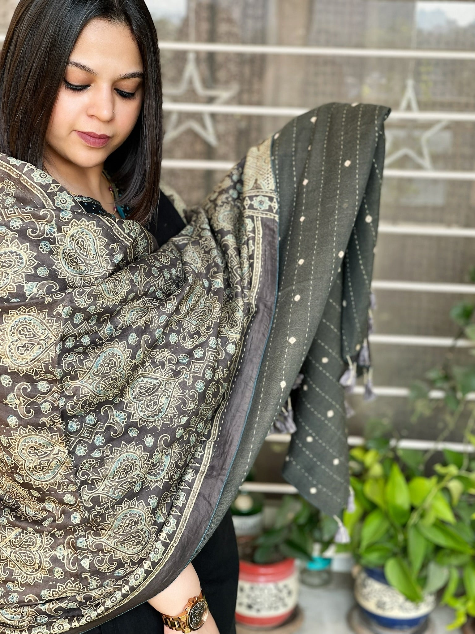 Ajrakh Handblock Printed Silk - Woollen Shawl - Masakalee