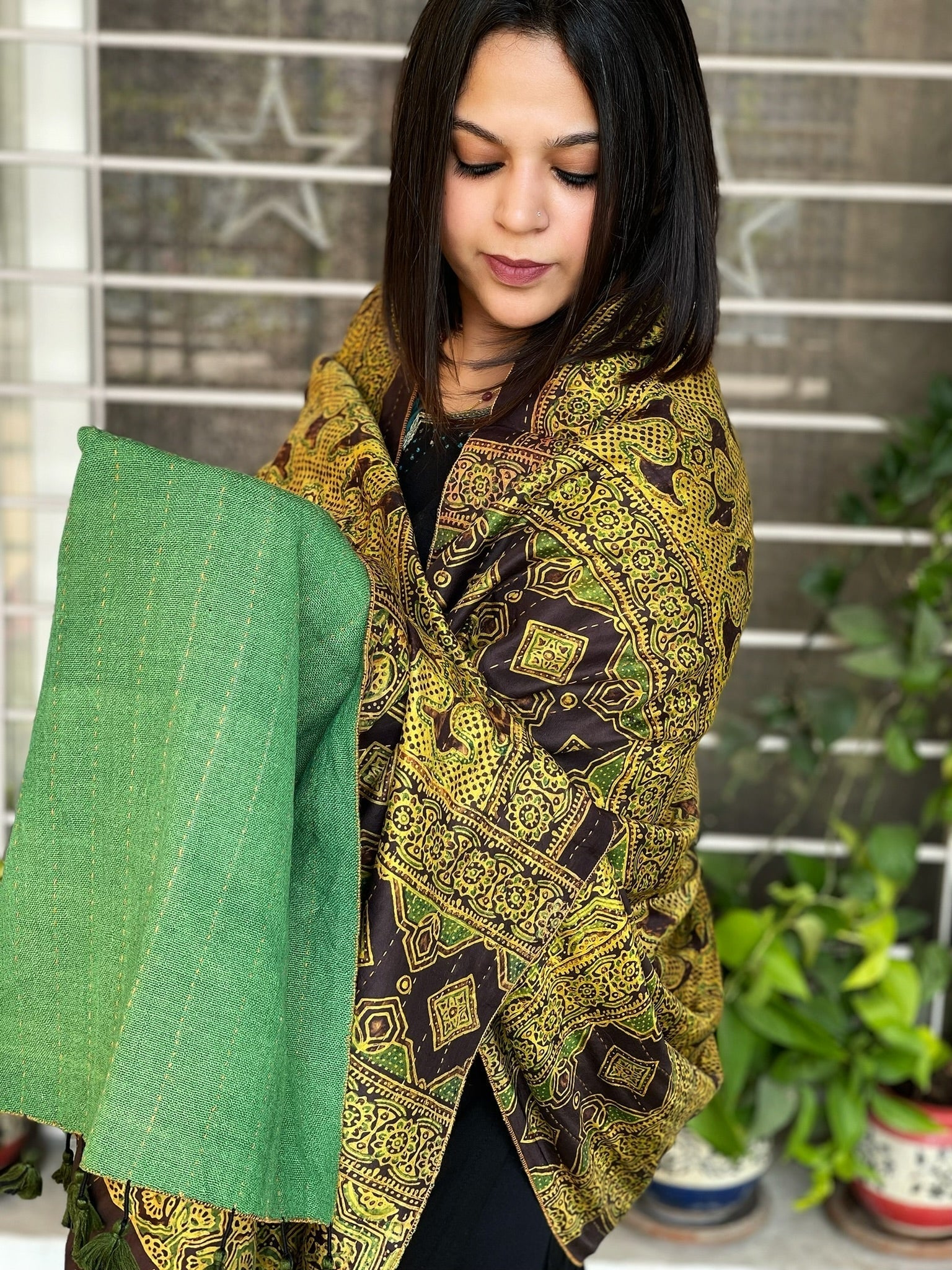 Ajrakh Handblock Printed Silk - Woollen Shawl - Masakalee