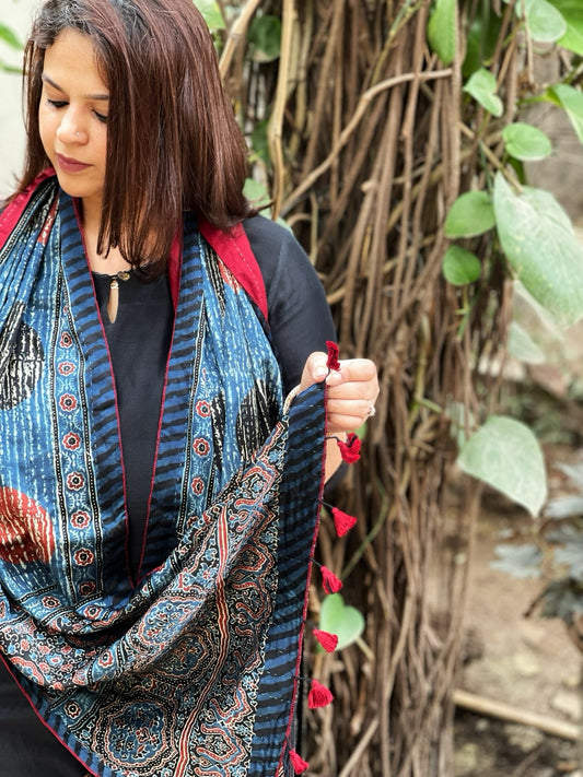 Ajrakh Handblock Printed Silk - Woollen Stole - Masakalee