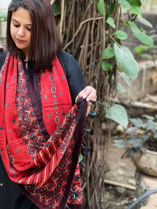 Ajrakh Handblock Printed Silk - Woollen Stole - Masakalee