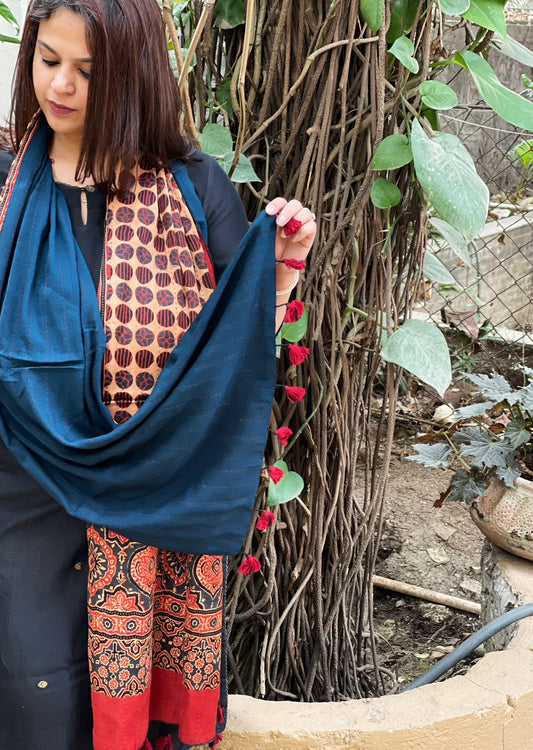 Ajrakh Handblock Printed Silk - Woollen Stole - Masakalee