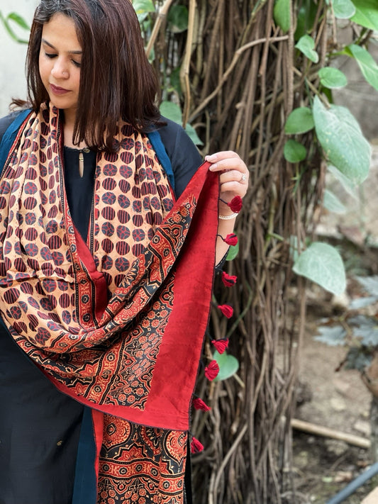 Ajrakh Handblock Printed Silk - Woollen Stole - Masakalee