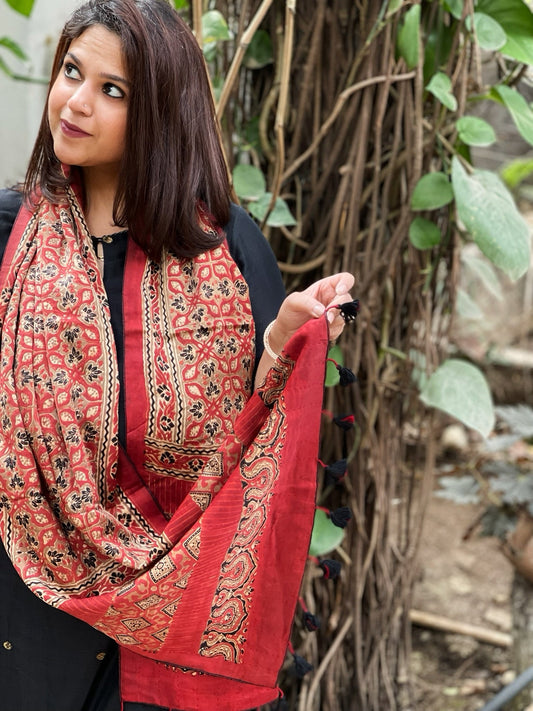Ajrakh Handblock Printed Silk - Woollen Stole - Masakalee