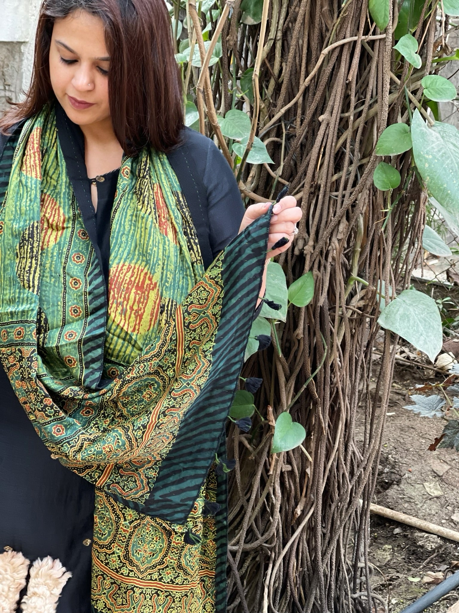 Ajrakh Handblock Printed Silk - Woollen Stole - Masakalee