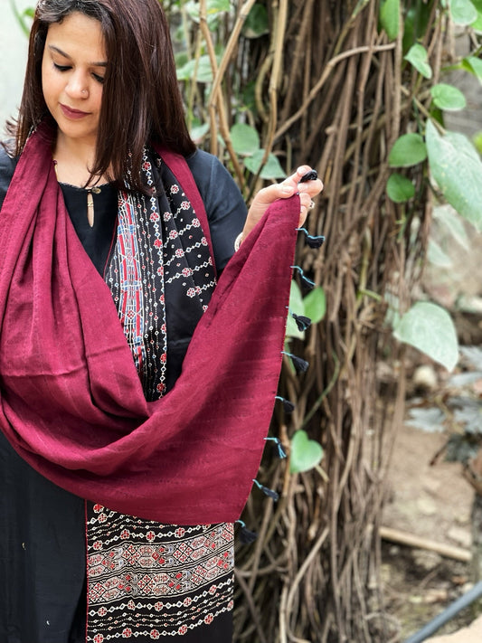 Ajrakh Handblock Printed Silk - Woollen Stole - Masakalee
