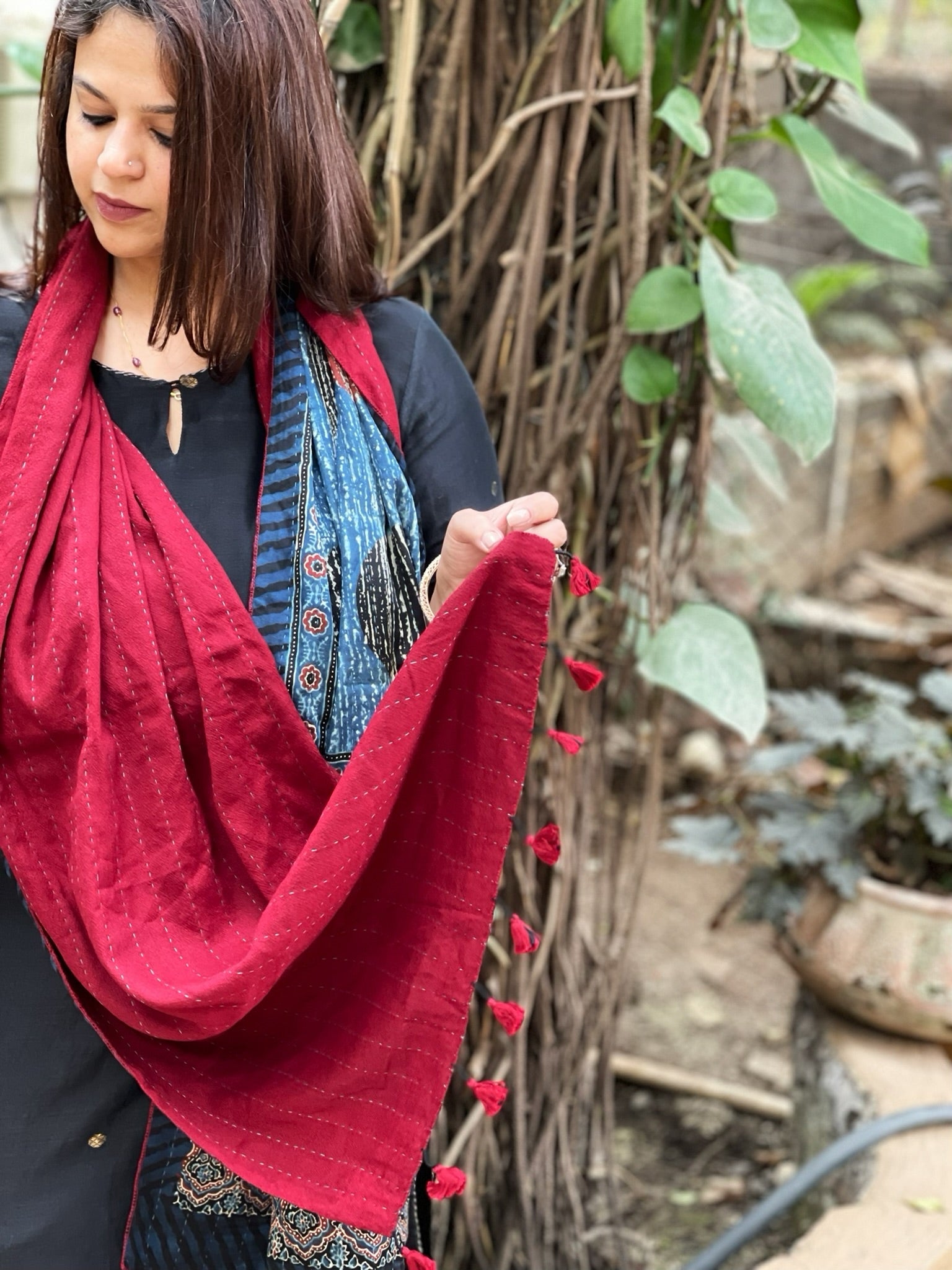 Ajrakh Handblock Printed Silk - Woollen Stole - Masakalee