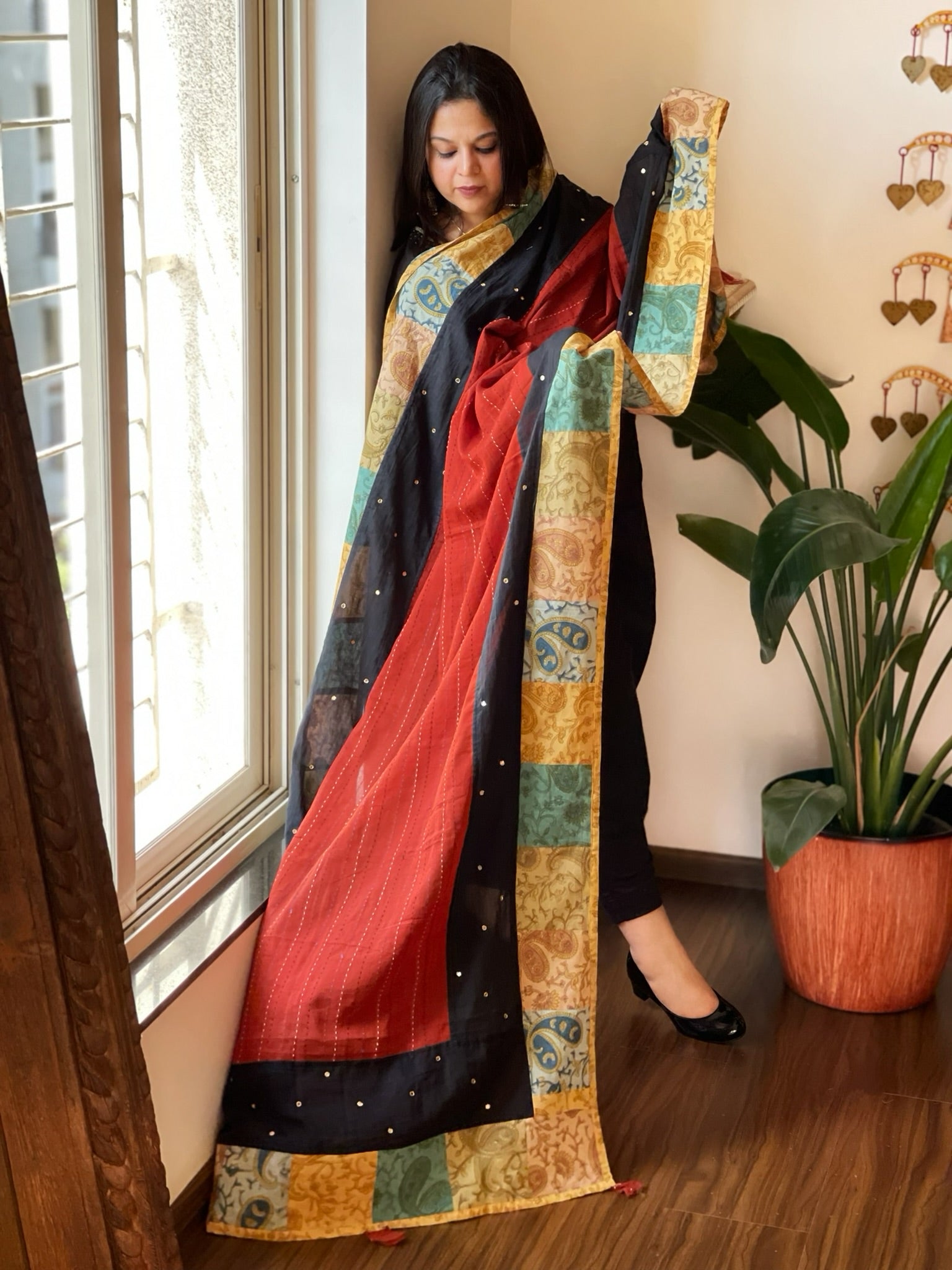 Ajrakh Patchwork Cotton Dupatta with Kantha Stitch & Mirror Work - Masakalee