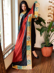 Ajrakh Patchwork Cotton Dupatta with Kantha Stitch & Mirror Work - Masakalee